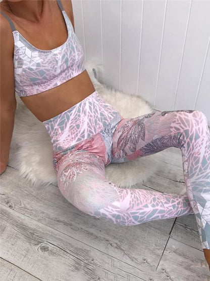 Printed Bandage Tanks And Wide Wasitband Leggings Suits
