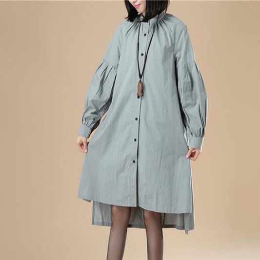 Autumn Women Casual Loose Split Puff Sleeves Green Shirt