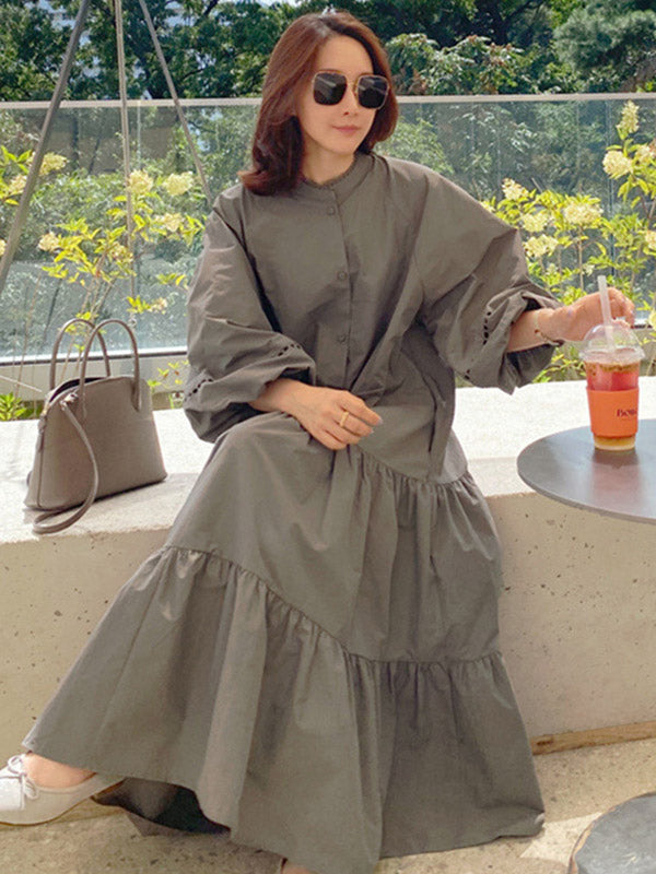 Casual Solid Color Pleated Buttoned Stand Collar Hollow Puff Sleeves Midi Dress