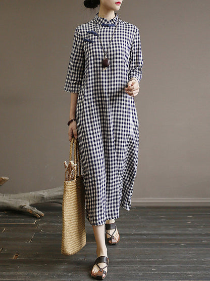 Original Plaid Half Sleeve Stand Collar Long Cheongsams