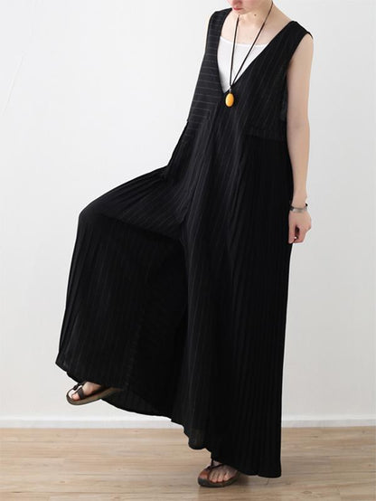 Black Striped Split-joint Ruffled Sleeveless Jumpsuits