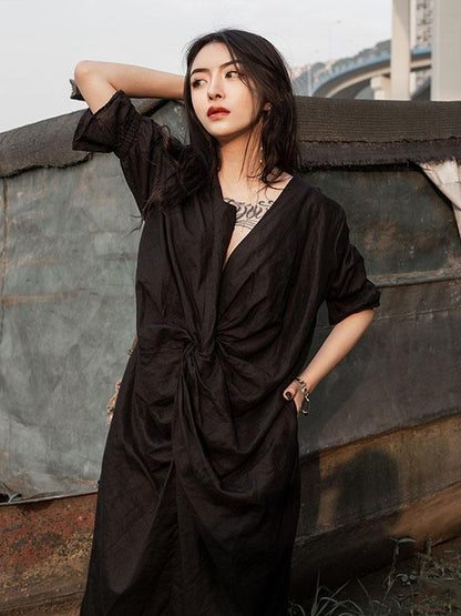 Solid Ruffled Split-Side Short Sleeves Dress
