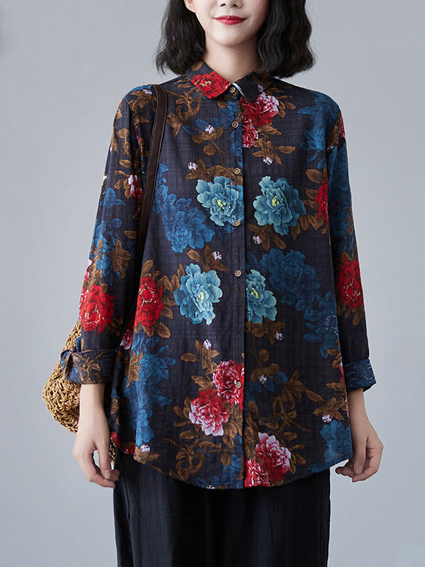 Artistic Retro Floral Printed Buttoned Lapel Collar Long Sleeves Blouse