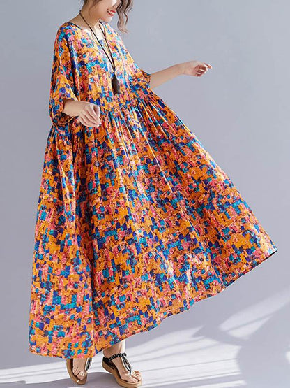 Plus Size Flower Print Round-neck Loose Long Dress