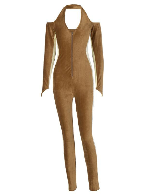 Contract Color Halter Neck Zipper Sports Jumpsuits,