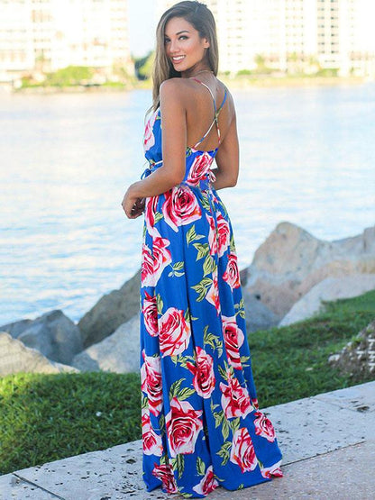 V-neck Backless Floral Printed Maxi Dress