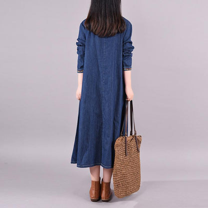 Buykud Solid Color Denim Loose Embroidery V-neck Dress