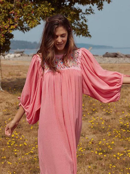 Vacation Embroidered Long Sleeves Midi Dress