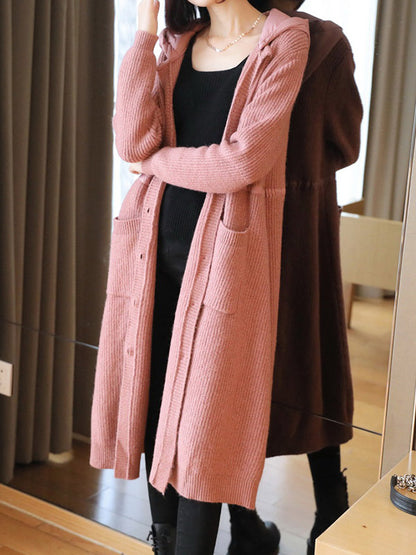 Casual Loose Solid Color Split-Joint With Pocket Buttoned Drawstring Hooded Long Sleeves Knitted Cardigan Outwear