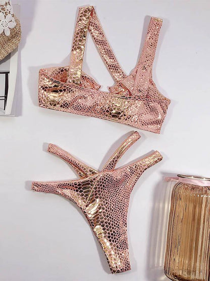 Snake-Print Asymmetric Split Bikini Swimsuit