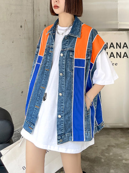 Stylish Split-Joint Striped Lapel Collar Sleeveless Denim Vest Outwear