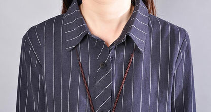 Navy Blue Stripe Cotton  Linen Stand Collar Women Long Shirt