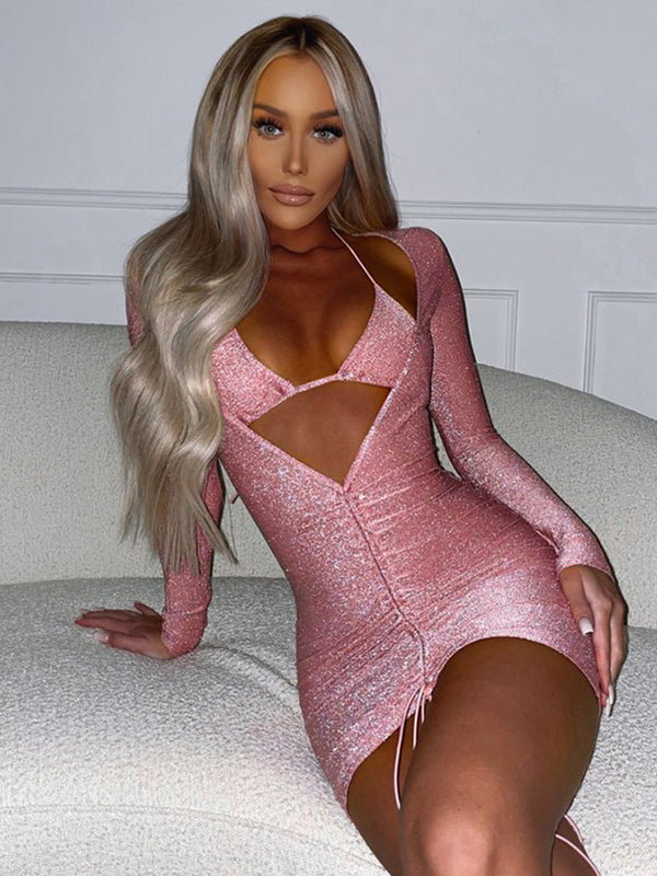 Wrap Solid Color Bra&Mini Dress Suits