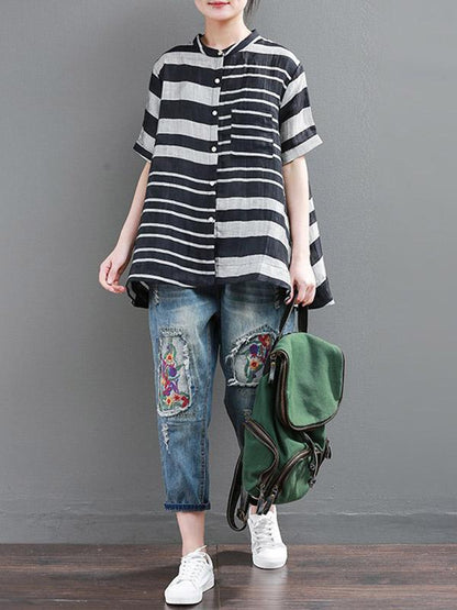 Vintage Loose Striped Stand Collar Shirt
