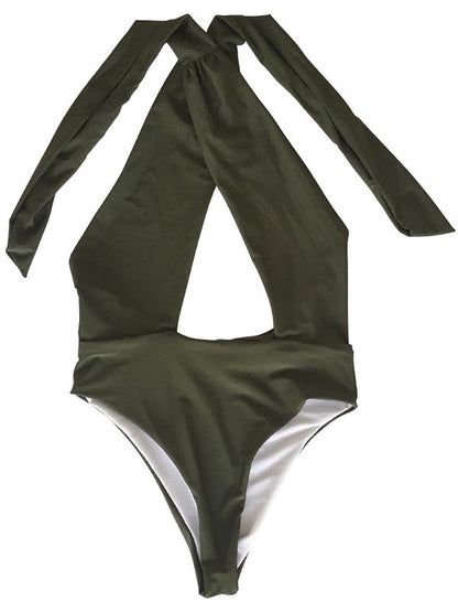 Solid Bandage Halter-neck One-piece Swimwear
