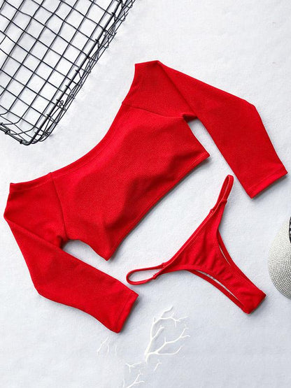 Off-the-shoulder Ribbed Plain Tankini Swimsuit