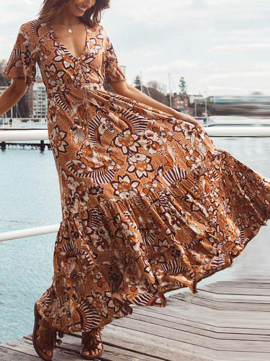 Bohemia Floral V-Neck Waisted Maxi Dress