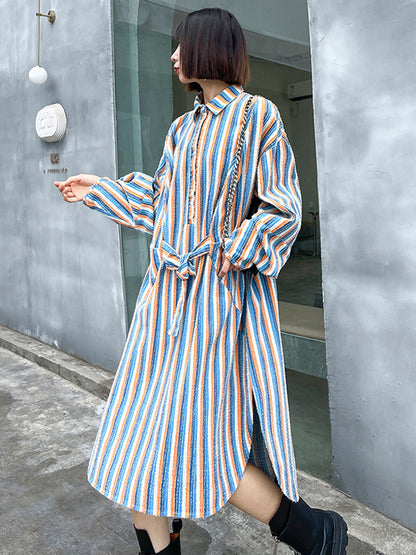 Original Stylish Striped Contrast Color Tied Buttoned Split-Side Lapel Collar Long Sleeves Midi Shirt Dress