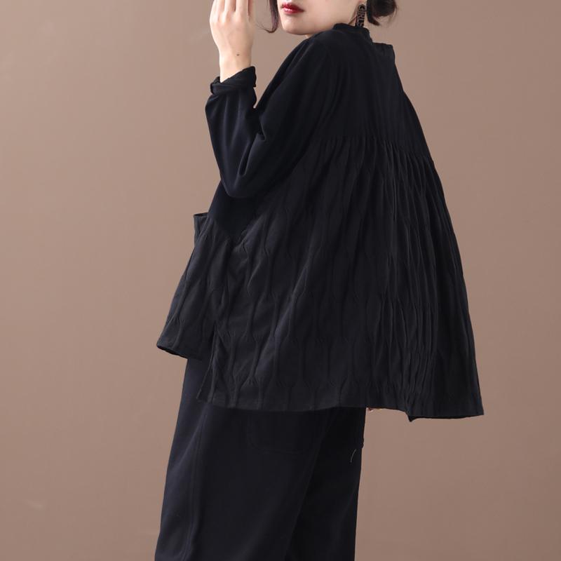 Buykud Loose Split Hem Spliced Long Sleeve Blouse