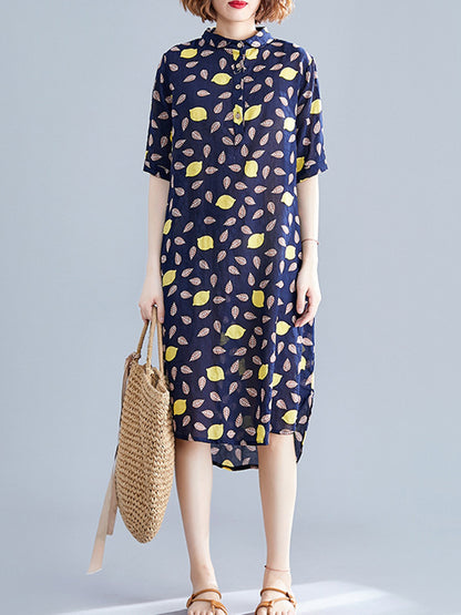 Artistic Retro Loose Contrast Color Printed Midi Shirt Dress
