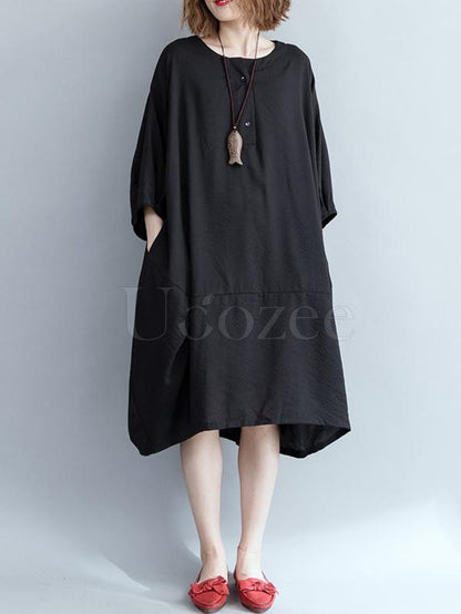 Loose Solid Retro Hemline Midi Dress