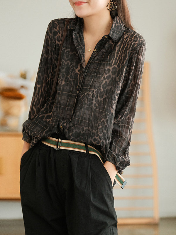 Vintage Printed Buttoned Pleated Lapel Long Sleeves Blouse Tops