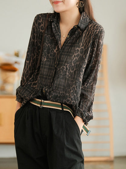 Vintage Printed Buttoned Pleated Lapel Long Sleeves Blouse Tops