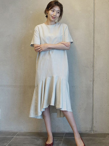 Original Solid Color Short Sleeve Falbala Midi Dress