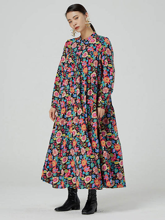 Stylish Floral Printed Stand Collar Buttoned Loose Long Sleeves Midi Dress