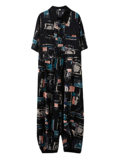 Stylish Printed Belted Split-Side Lapel Short Sleeves Loose Jumpsuits