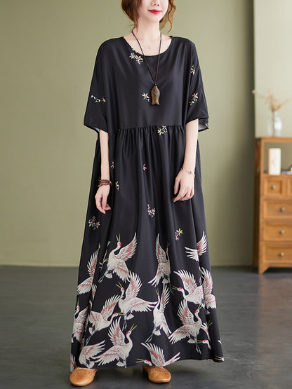 Stylish Crane Print Split-Joint Pleated Half Sleeves Maxi Dress