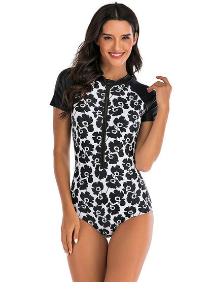 Floral-Print Split-Joint Short Sleeve Wetsuit