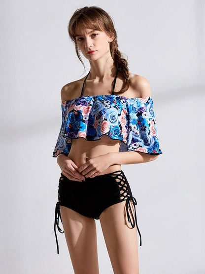 Off-the-shoulder Short Sleeves Printed Bikinis Swimwear