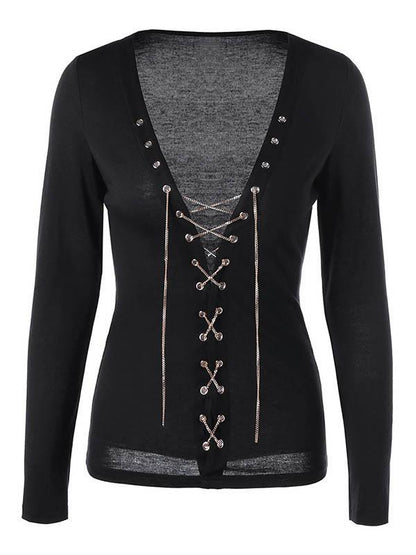 V-Neck Low-Cut Bandage Sexy Blouse