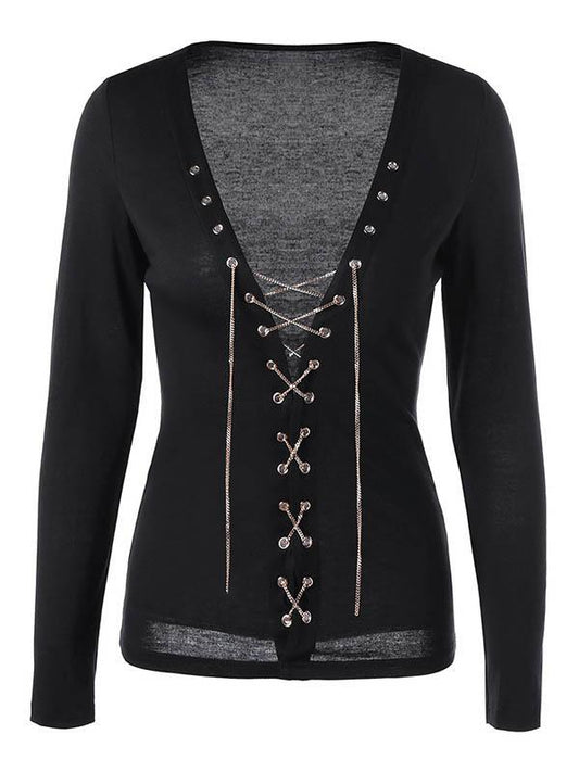 V-Neck Low-Cut Bandage Sexy Blouse