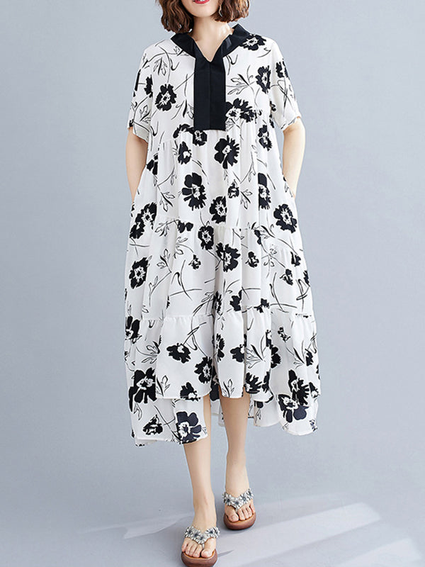 Artistic Retro Loose Floral Printed Pleated Midi Dress