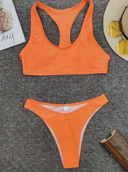 Plain High Waist Y Back Bikini Swimsuit