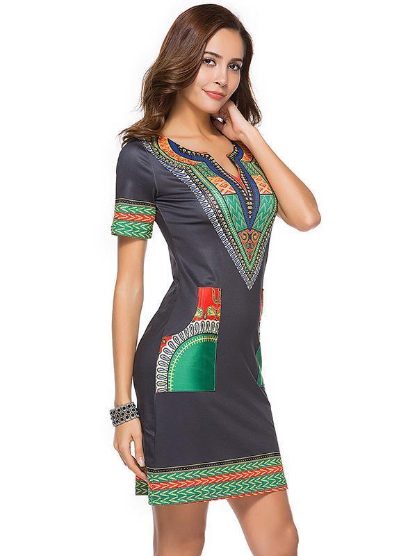 Printed Bodycon V-neck Mini Dress