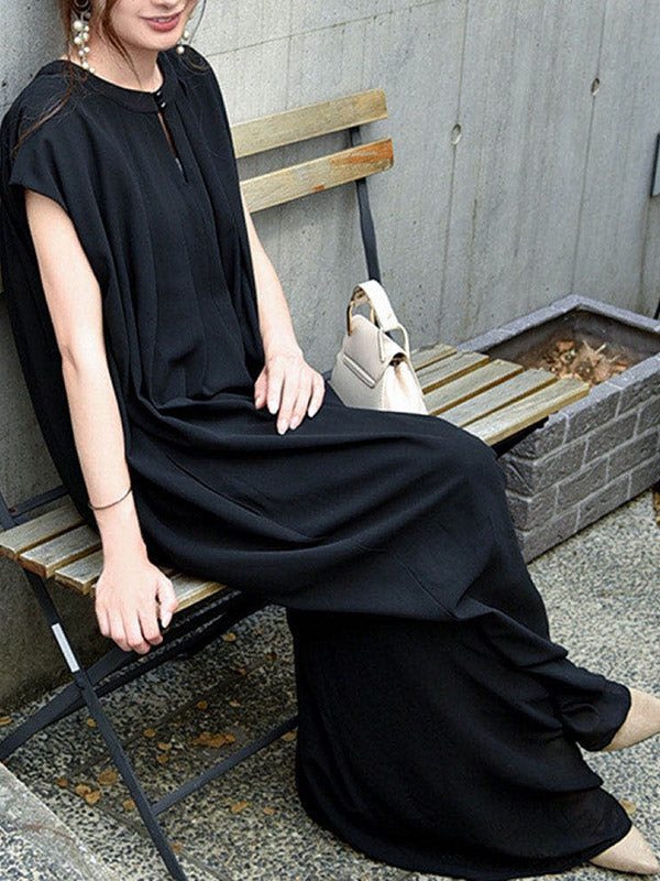 Stylish Chiffon Pleated Hollow Round-Neck Wide Leg Jumpsuits