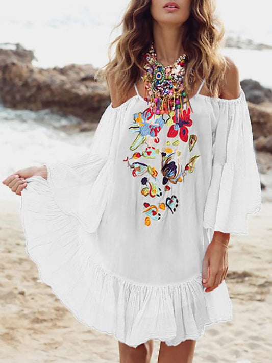 Embroidered Flared Sleeves Mini Dress