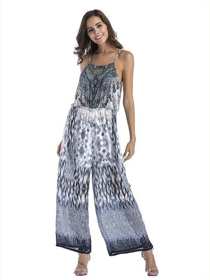 Floral Spaghetti-neck Wide Leg Long Jumpsuits