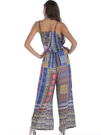 Floral Spaghetti-neck Wide Leg Long Jumpsuits