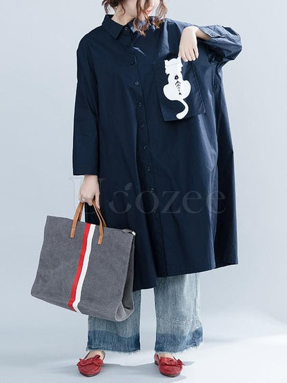 Navy-blue Loose Lapel Cat Print Blouse Dress