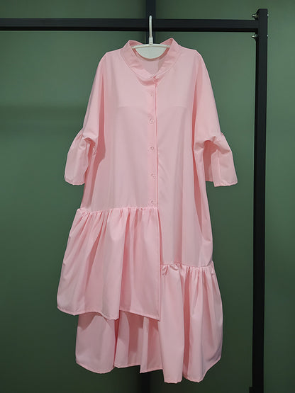 Urban Asymmetric Solid Color Ruffled Buttoned Stand Collar Flared Sleeve Mini Dress