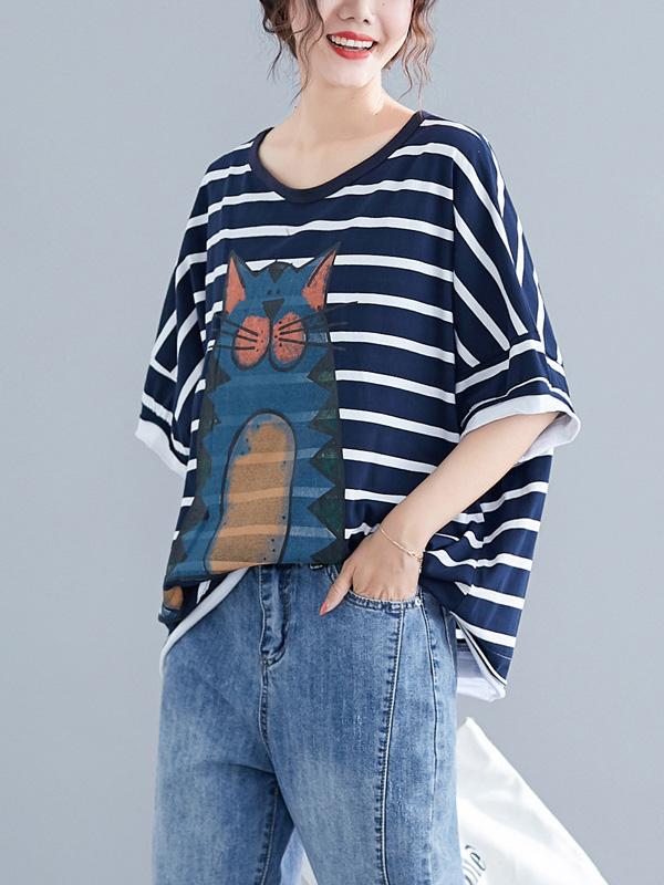 New Loose Oversize Printed Striped T-Shirt