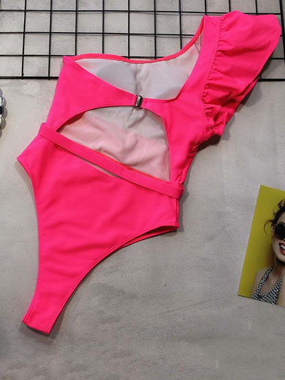 Falbala One Shoulder Plain One Piece Swimsuit