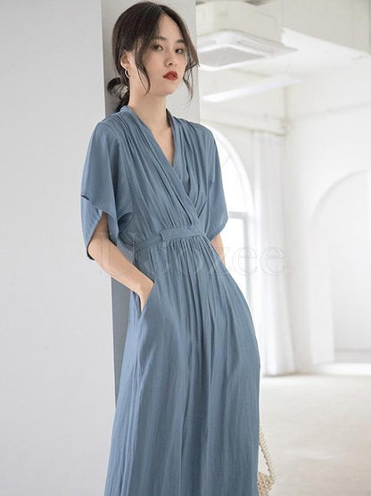 Loose Solid V-neck Bandage Cropped Midi Dress