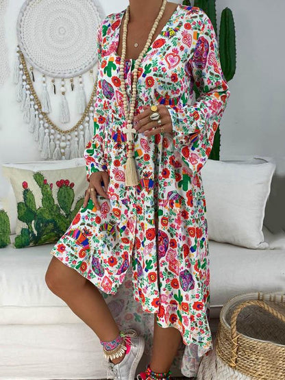 Plus Size Loose Printed Long Sleeve Midi Dress