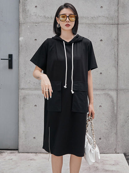 Original Black Zipper Split-Side Hooded H-Line Short Sleeves Midi Dress