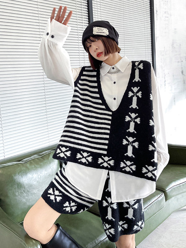 Fashion Printed Knitting  Vest & Shorts Separately 2 Pieces Set